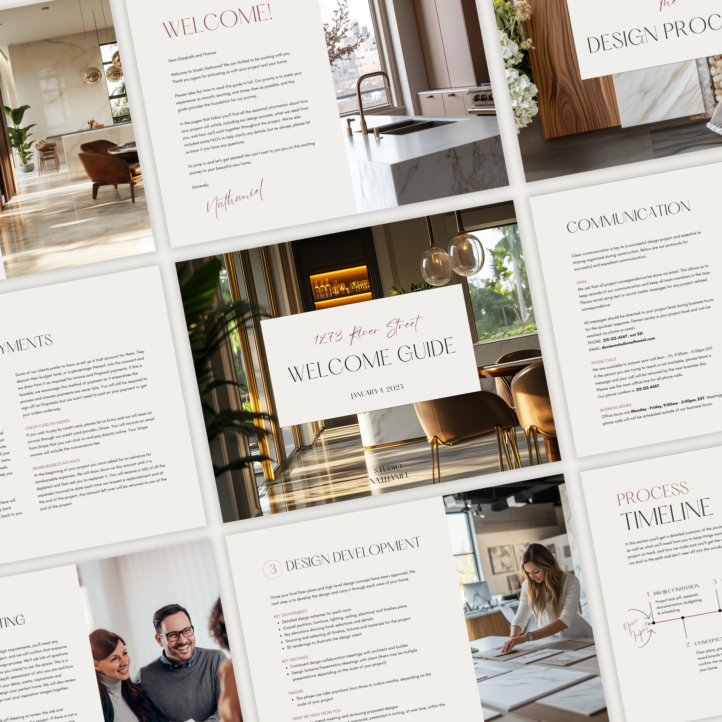 A grid of pages showcasing the design of the New Client Welcome Guide template for interior design construction projects, from the LSI Workshop Nathaniel Collection.