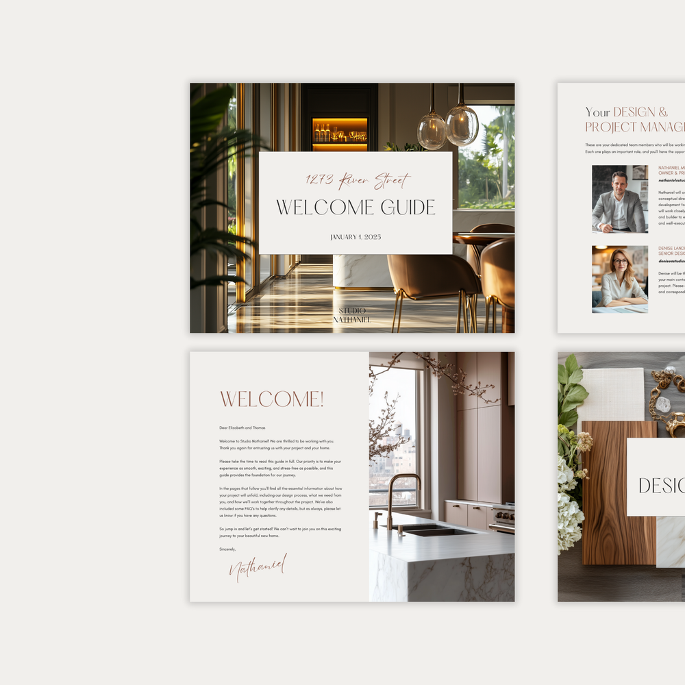 
                  
                    The first of three images displaying the customizable pages of the New Client Welcome Guide template for interior design construction projects. From LSI Workshop, the Nathaniel Collection.
                  
                