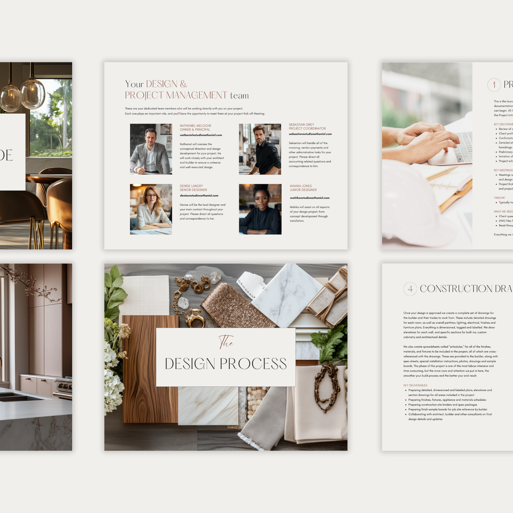
                  
                    The second of three images displaying the customizable pages of the New Client Welcome Guide template for interior design construction projects. From LSI Workshop, the Nathaniel Collection.
                  
                