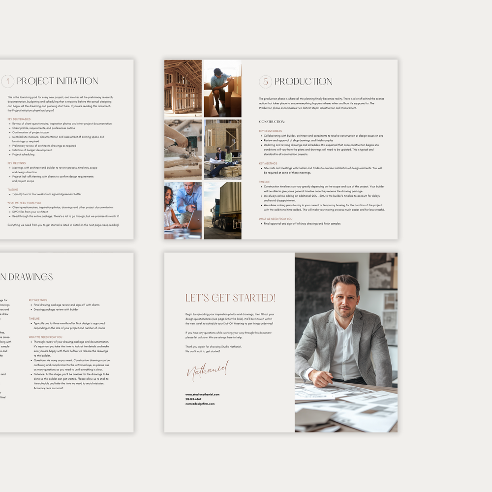 
                  
                    The third of three images displaying the customizable pages of the New Client Welcome Guide template for interior design construction projects. From LSI Workshop, the Nathaniel Collection.
                  
                