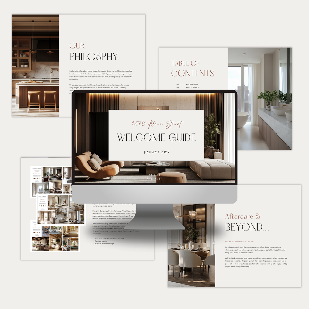
                  
                    A collage of pages showing the customizable New Client Welcome Guide template for Interior Decorating Projects. From LSI Workshop, the Nathaniel Collection.
                  
                