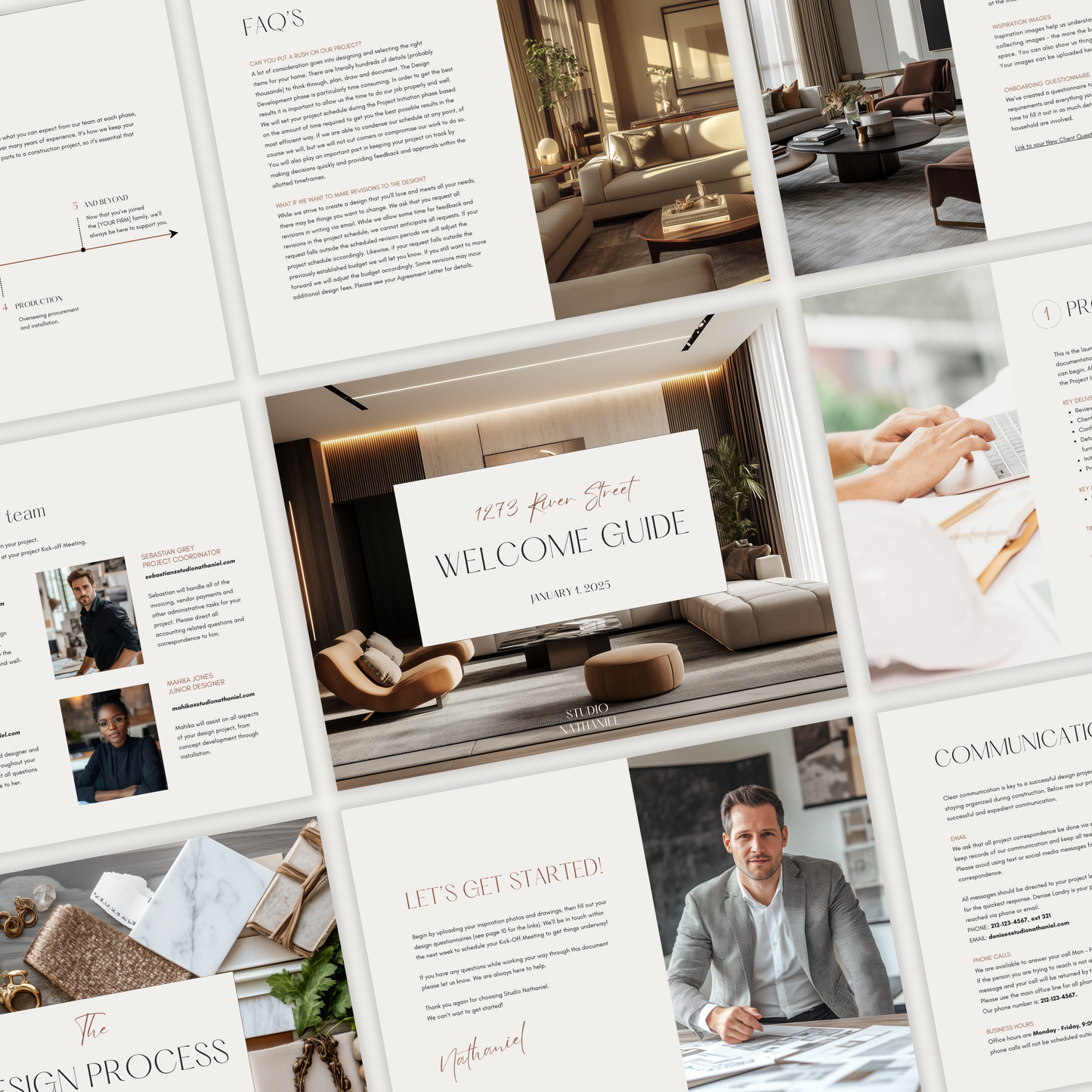 A grid of pages showcasing the design of the New Client Welcome Guide template for interior decorating projects, from the LSI Workshop Nathaniel Collection.