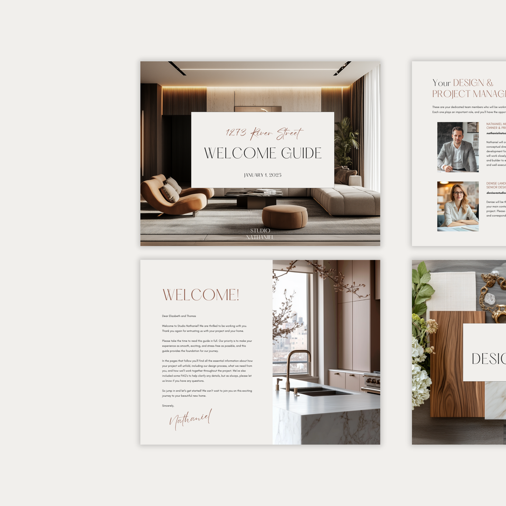 
                  
                    The first of three images displaying the customizable pages of the New Client Welcome Guide template for Interior Decorating Projects. From LSI Workshop, the Nathaniel Collection.
                  
                