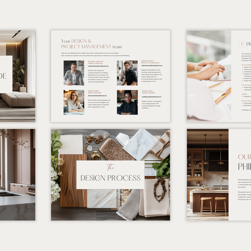 
                  
                    The second of three images displaying the customizable pages of the New Client Welcome Guide template for Interior Decorating Projects. From LSI Workshop, the Nathaniel Collection.
                  
                