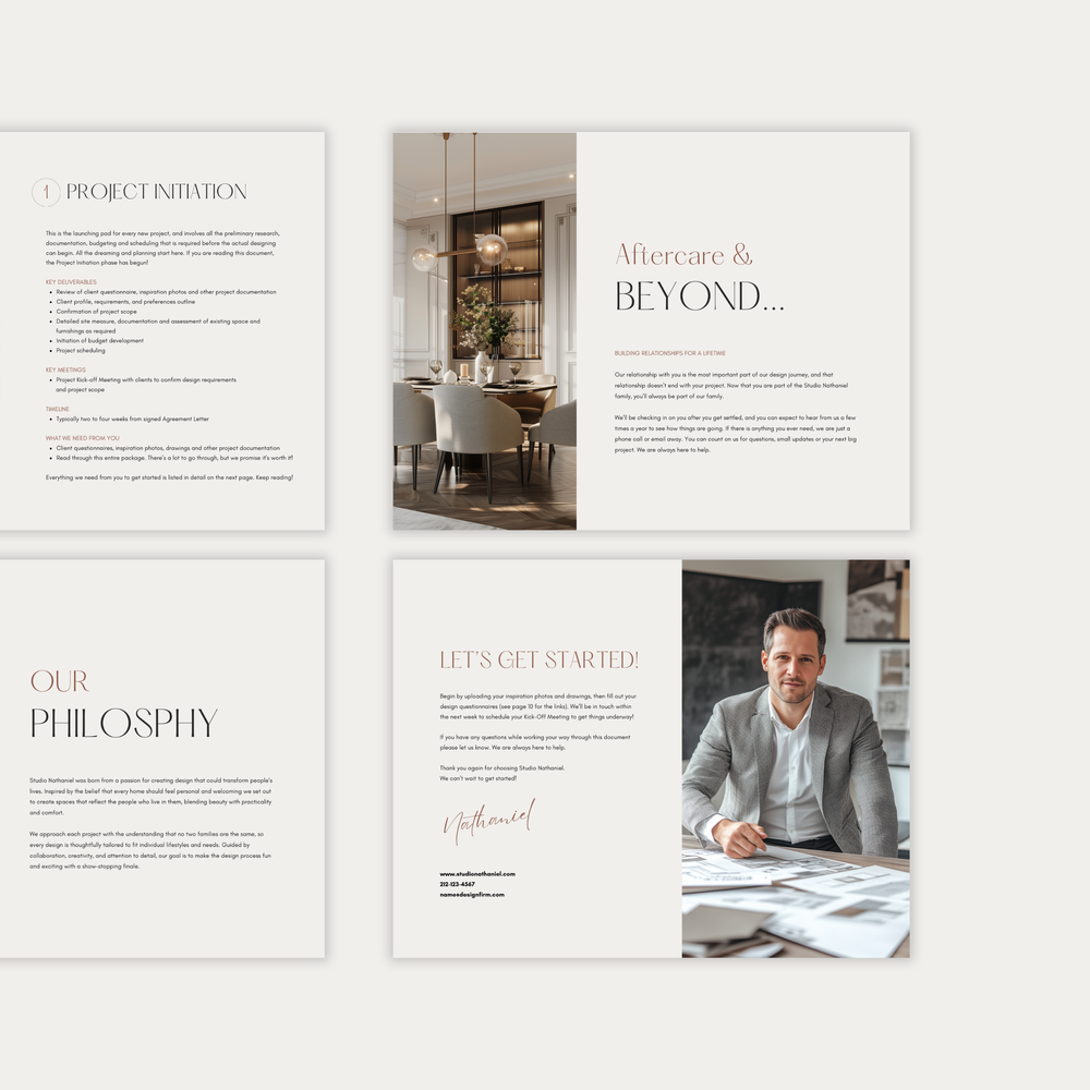 
                  
                    The third of three images displaying the customizable pages of the New Client Welcome Guide template for Interior Decorating Projects. From LSI Workshop, the Nathaniel Collection.
                  
                
