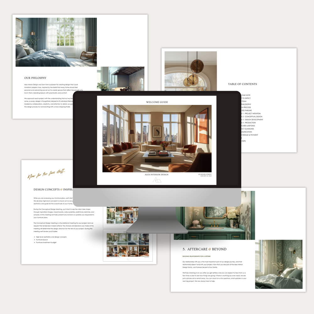 
                  
                    A collage of pages showing the customizable New Client Welcome Guide template for Interior Decorating Projects. From LSI Workshop, the Alex Collection.
                  
                