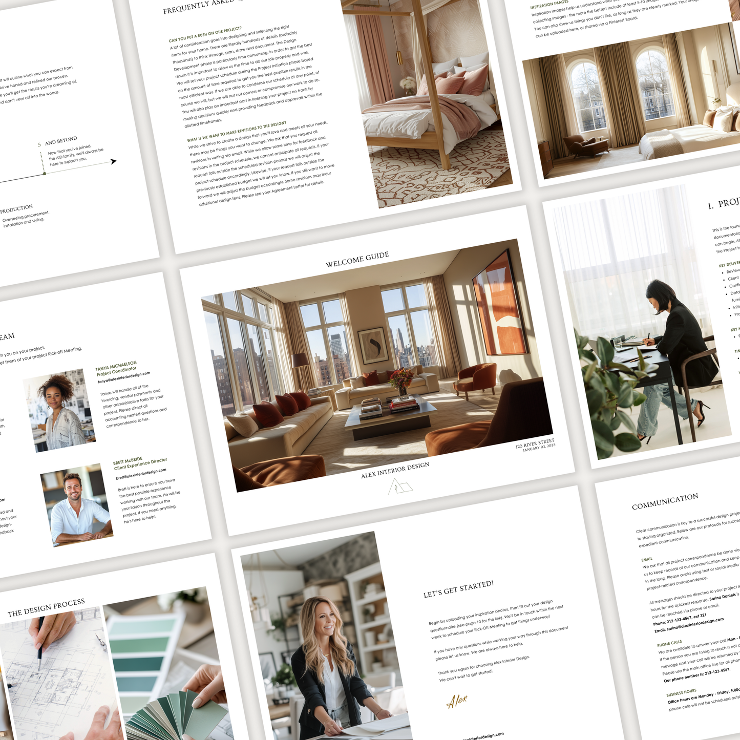 A grid of pages showcasing the design of the New Client Welcome Guide template for interior decorating projects, from the LSI Workshop Alex Collection.