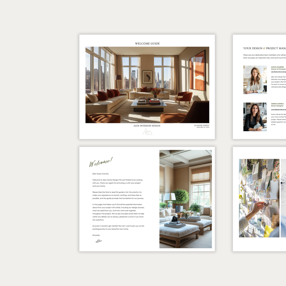 
                  
                    The first of three images displaying the customizable pages of the New Client Welcome Guide template for Interior Decorating Projects. From LSI Workshop, the Alex Collection.
                  
                