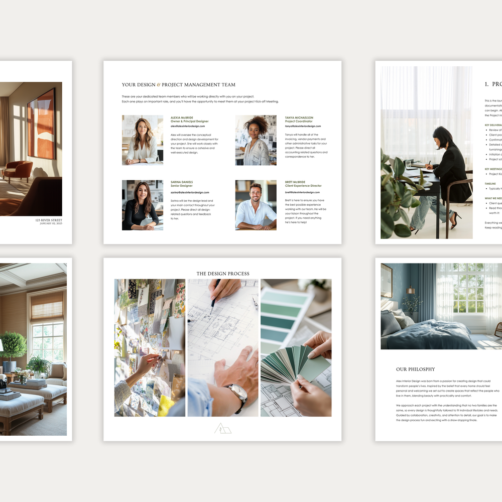 
                  
                    The second of three images displaying the customizable pages of the New Client Welcome Guide template for Interior Decorating Projects. From LSI Workshop, the Alex Collection.
                  
                