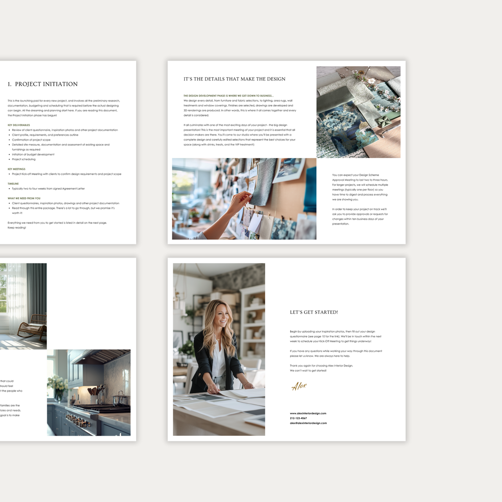 
                  
                    The third of three images displaying the customizable pages of the New Client Welcome Guide template for Interior Decorating Projects. From LSI Workshop, the Alex Collection.
                  
                