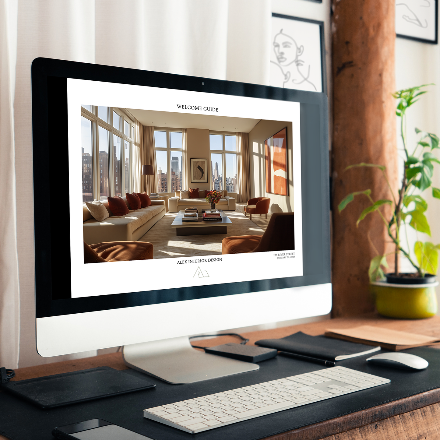 A computer displaying the customizable New Client Welcome Guide for Interior Decorating Projects with placeholders for logo and imagery. From LSI Workshop, the Alex Collection.