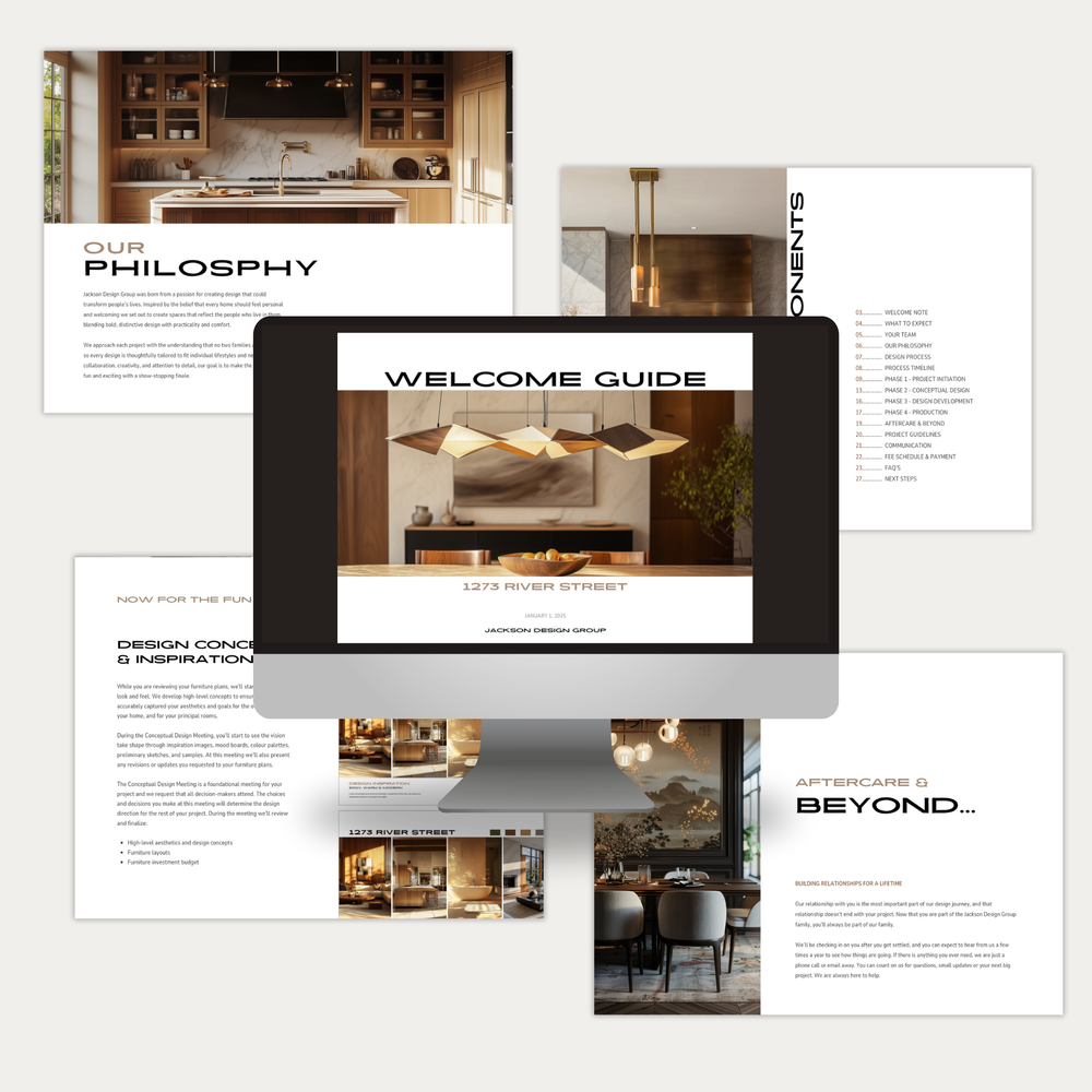 
                  
                    A collage of pages showing the customizable New Client Welcome Guide template for Interior Decorating Projects. From LSI Workshop, the Jackson Collection.
                  
                