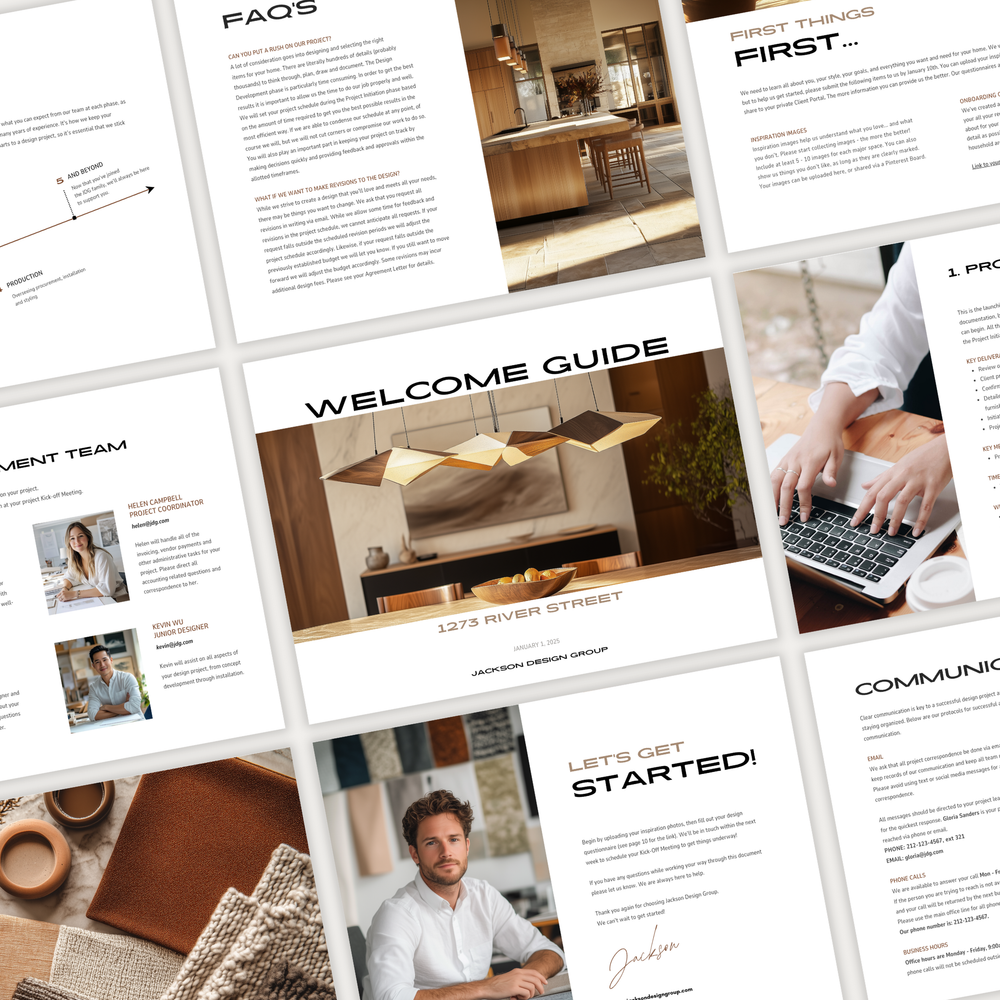 A grid of pages showcasing the design of the New Client Welcome Guide template for interior decorating projects, from the LSI Workshop Jackson Collection.
