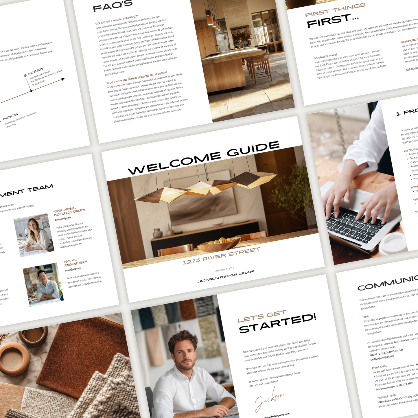 A grid of pages showcasing the design of the New Client Welcome Guide template for interior decorating projects, from the LSI Workshop Jackson Collection.