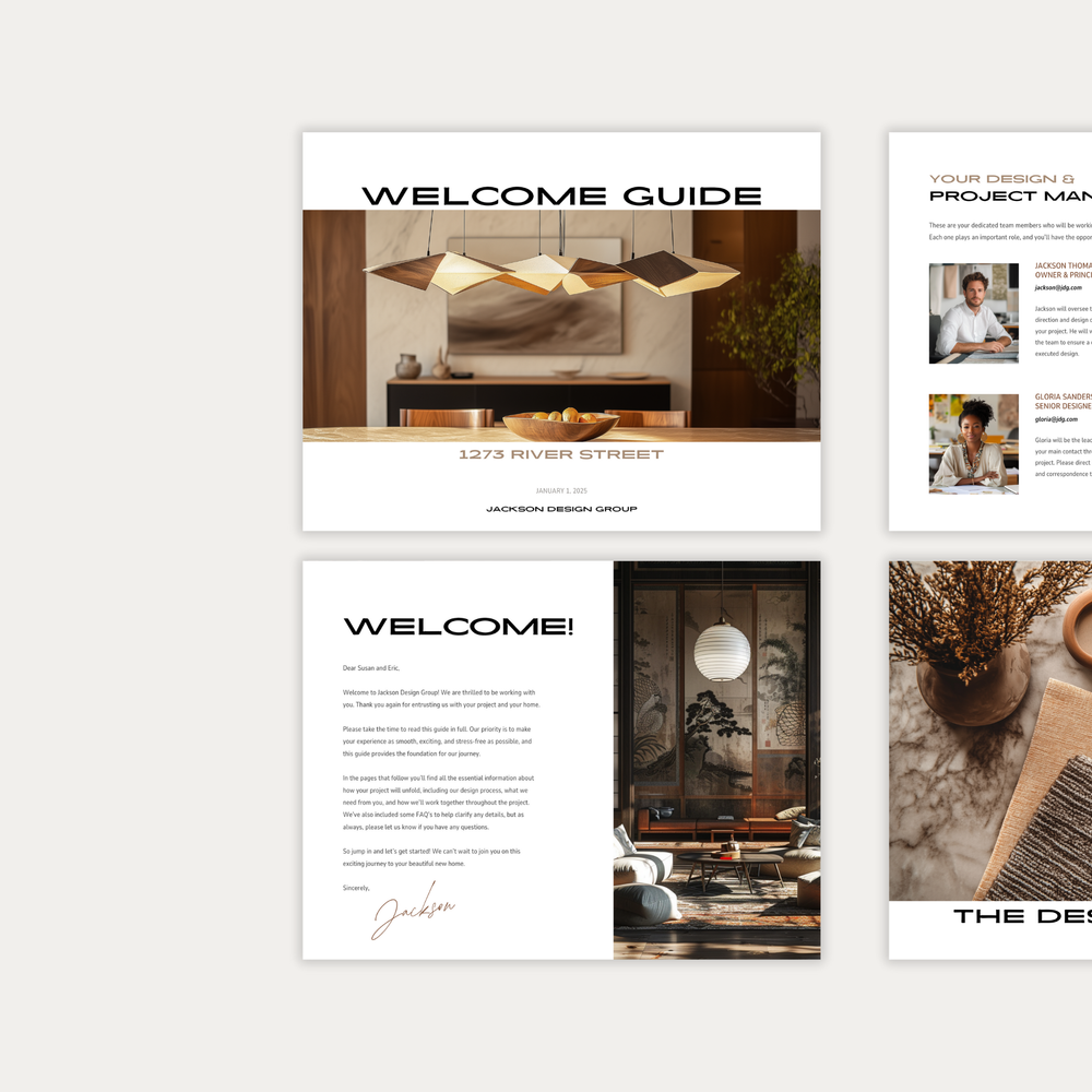 
                  
                    The first of three images displaying the customizable pages of the New Client Welcome Guide template for Interior Decorating Projects. From LSI Workshop, the Jackson Collection.
                  
                
