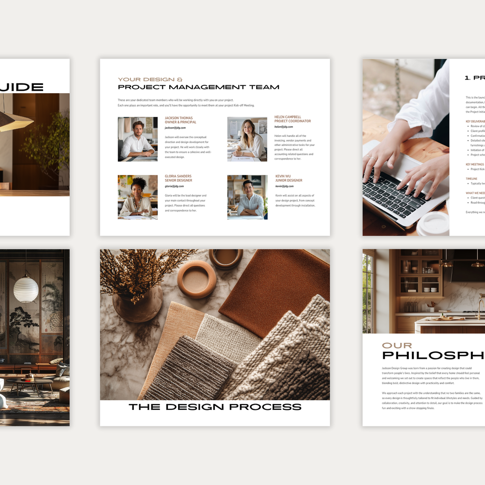 
                  
                    The second of three images displaying the customizable pages of the New Client Welcome Guide template for Interior Decorating Projects. From LSI Workshop, the Jackson Collection.
                  
                