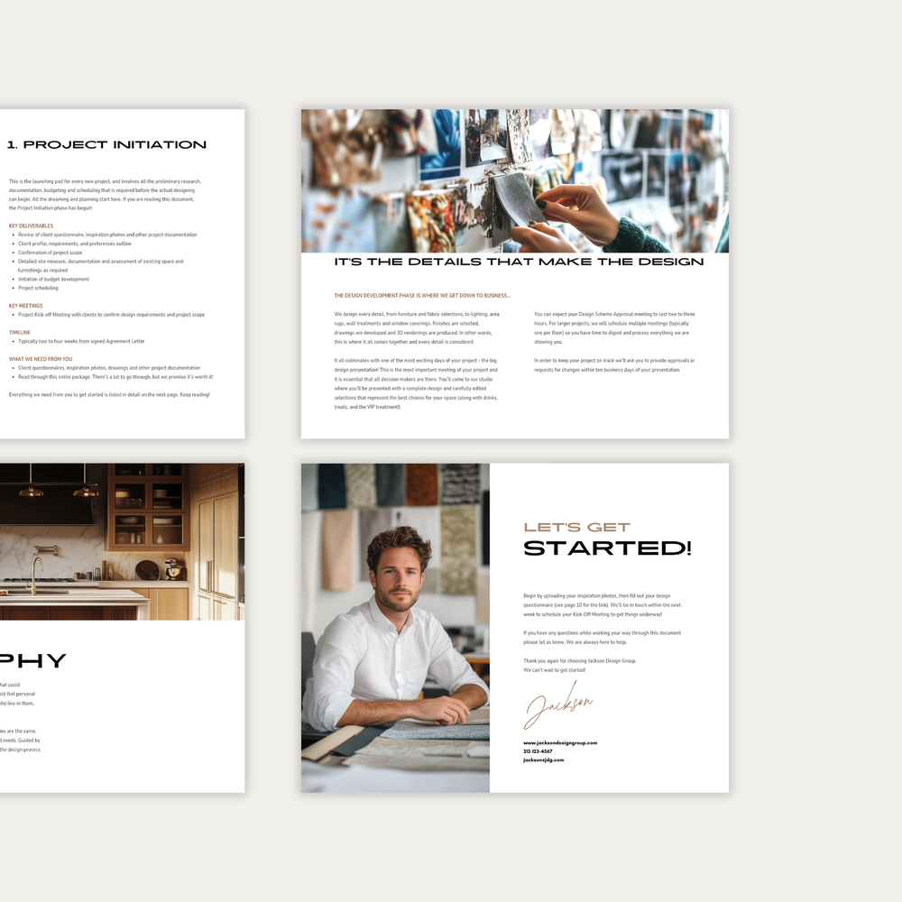 
                  
                    The third of three images displaying the customizable pages of the New Client Welcome Guide template for Interior Decorating Projects. From LSI Workshop, the Jackson Collection.
                  
                