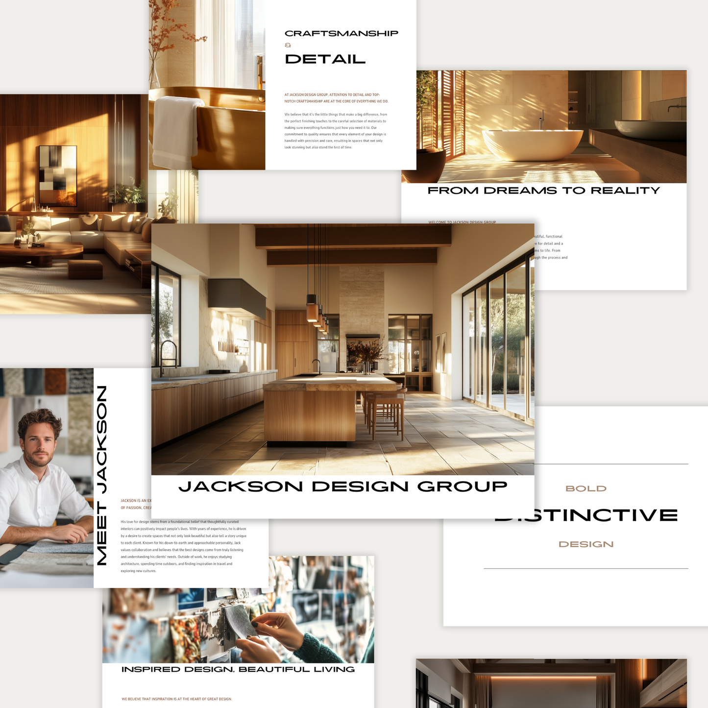 A collage of professionally designed pages from an interior design template showcasing a brand's client experience. Part of the LSI Workshop Jackson Collection.