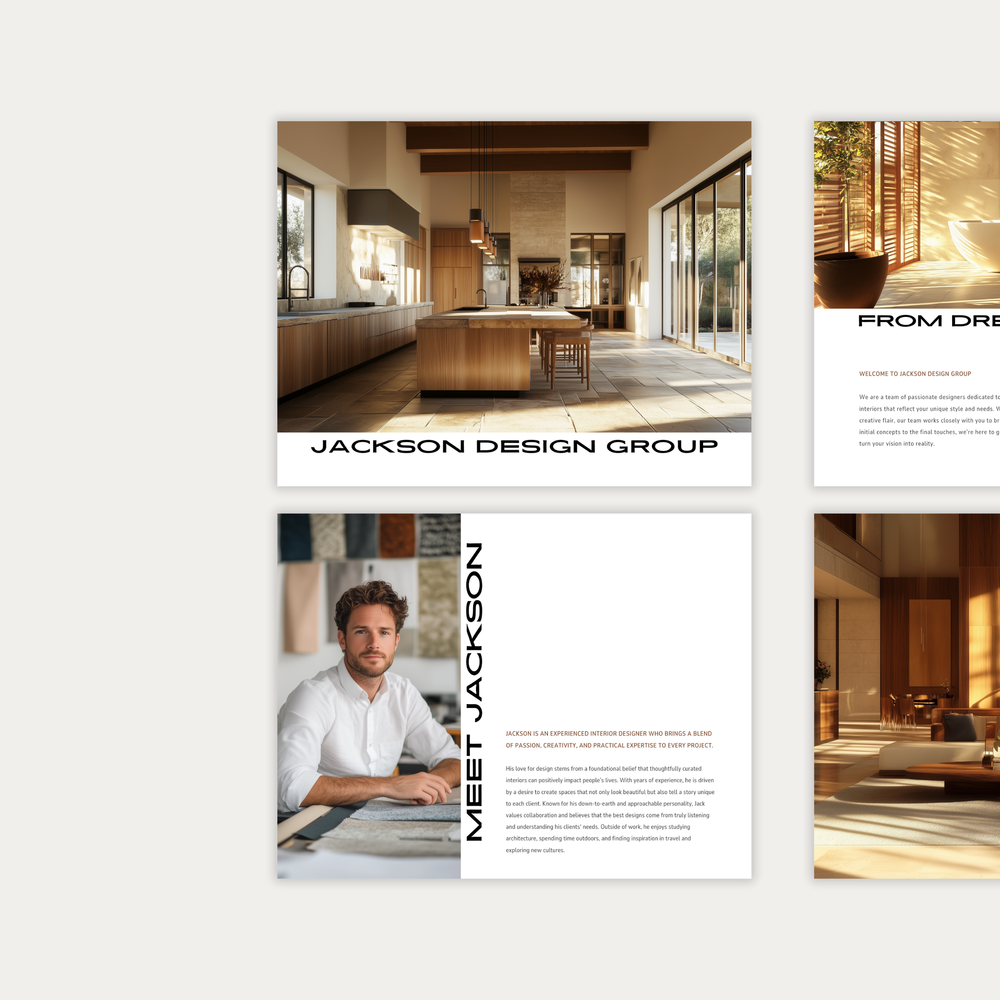 
                  
                    The first of three images showcasing the pages of the interior design Client Experience Guide template. From the LSI Workshop Jackson Collection. 
                  
                