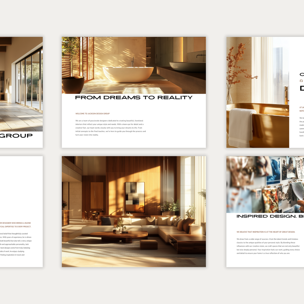 
                  
                    The second of three images showcasing the pages of the interior design Client Experience Guide template. From the LSI Workshop Jackson Collection. 
                  
                