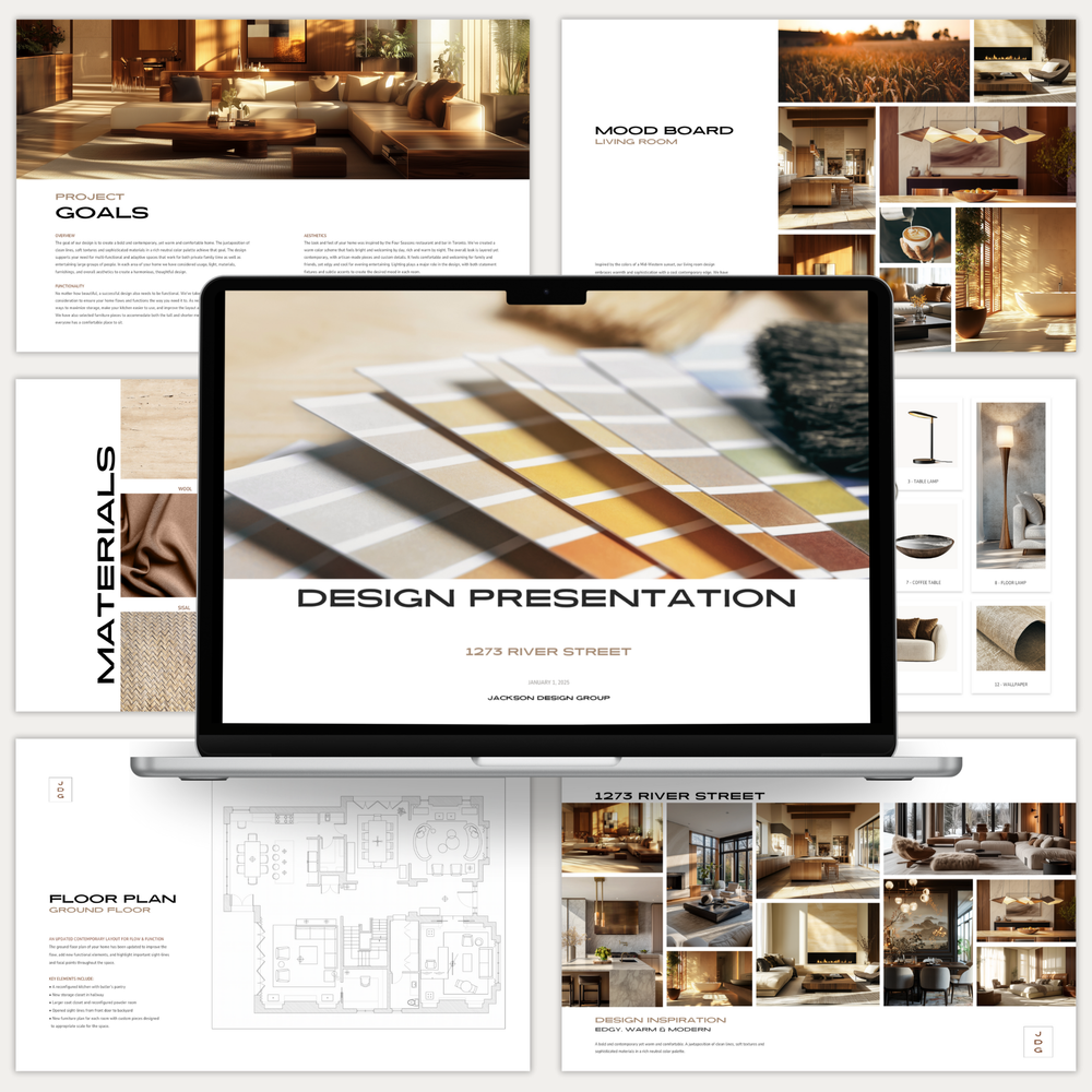 
                  
                    A collage of pages from a customizable interior design presentation template, showing a variety of materials, images and drawings. From the LSI Workshop Jackson Collection.
                  
                