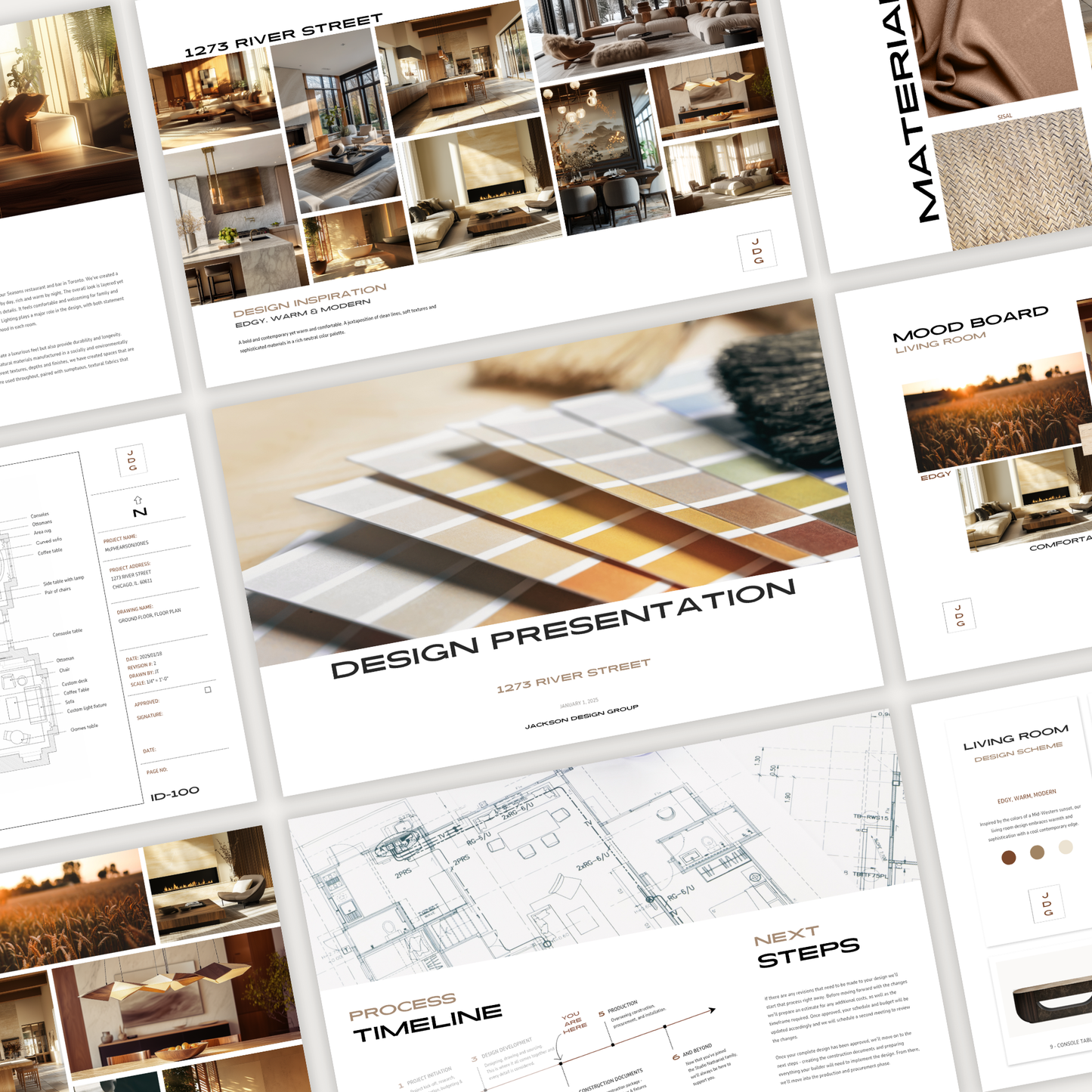A grid of pages showcasing an interior design presentation template, with drawings, mood boards, furniture, materials and more. From the LSI Workshop Jackson collection. 
