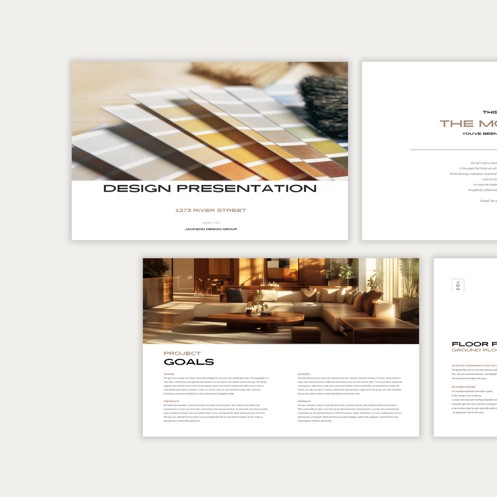 
                  
                    Image 1 of three showing the pages and layout of the customizable Design Presentation template from the LSI Workshop Jackson Collection.
                  
                