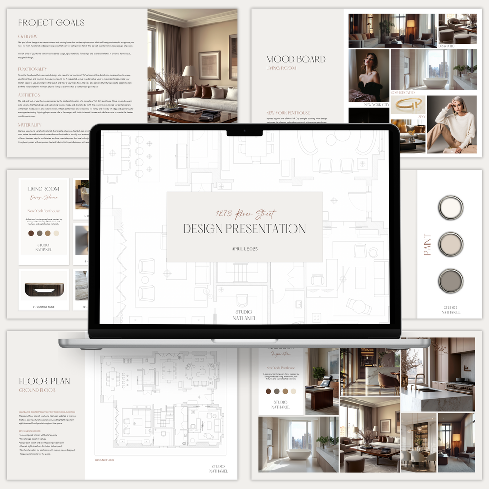
                  
                    Various pages showcasing the interior design presentation template from the LSI Workshop Nathaniel Collection. 
                  
                