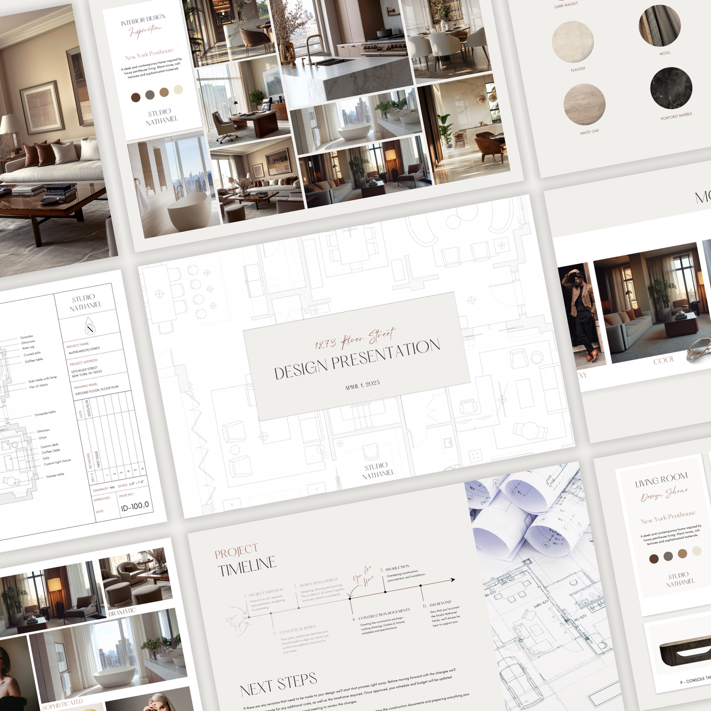 A grid of pages showcasing an interior design presentation template, with drawings, mood boards, furniture, materials and more. From the LSI Workshop Nathaniel collection. 