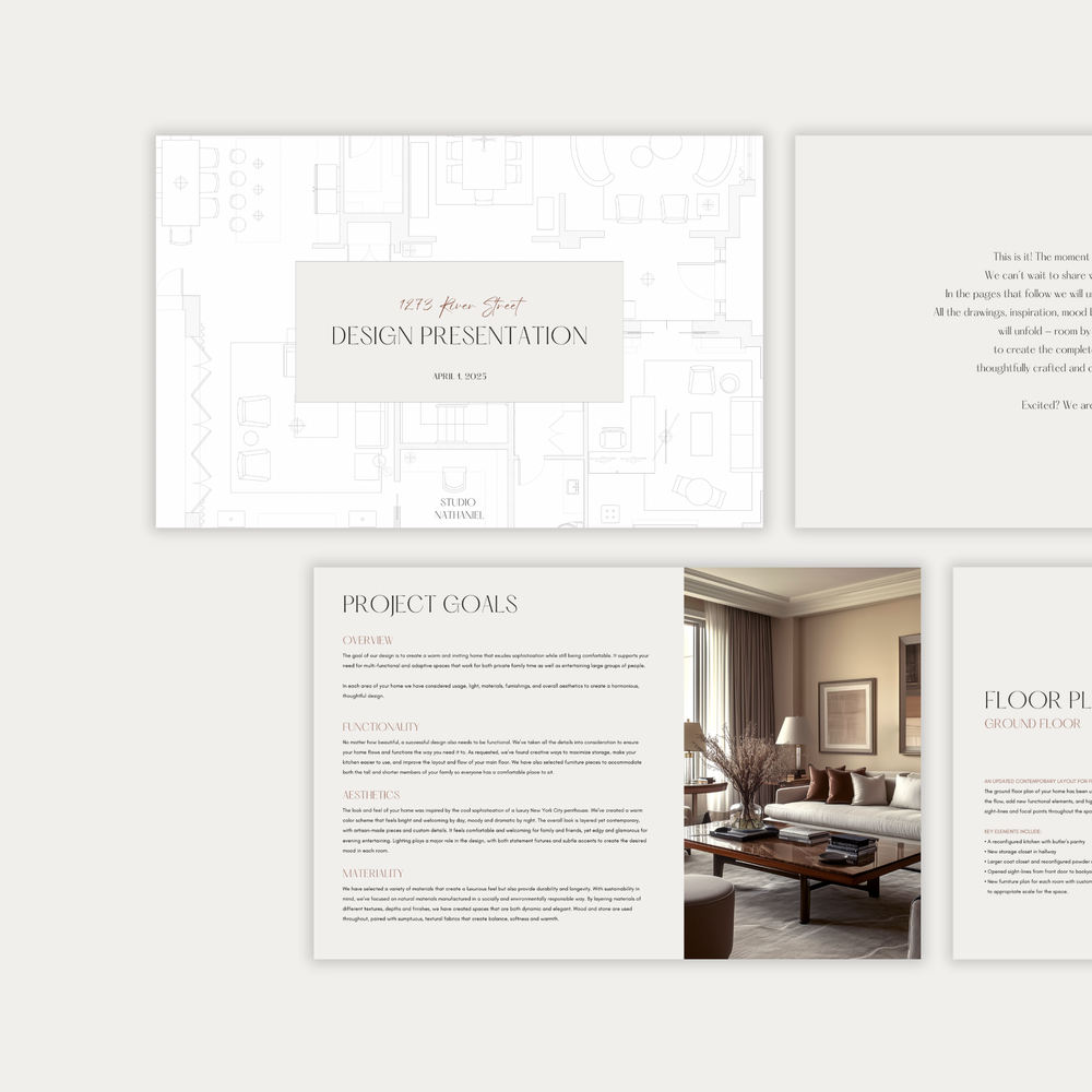 
                  
                    Image 1 of three showing the pages and layout of the customizable Design Presentation template from the LSI Workshop Nathaniel Collection.
                  
                