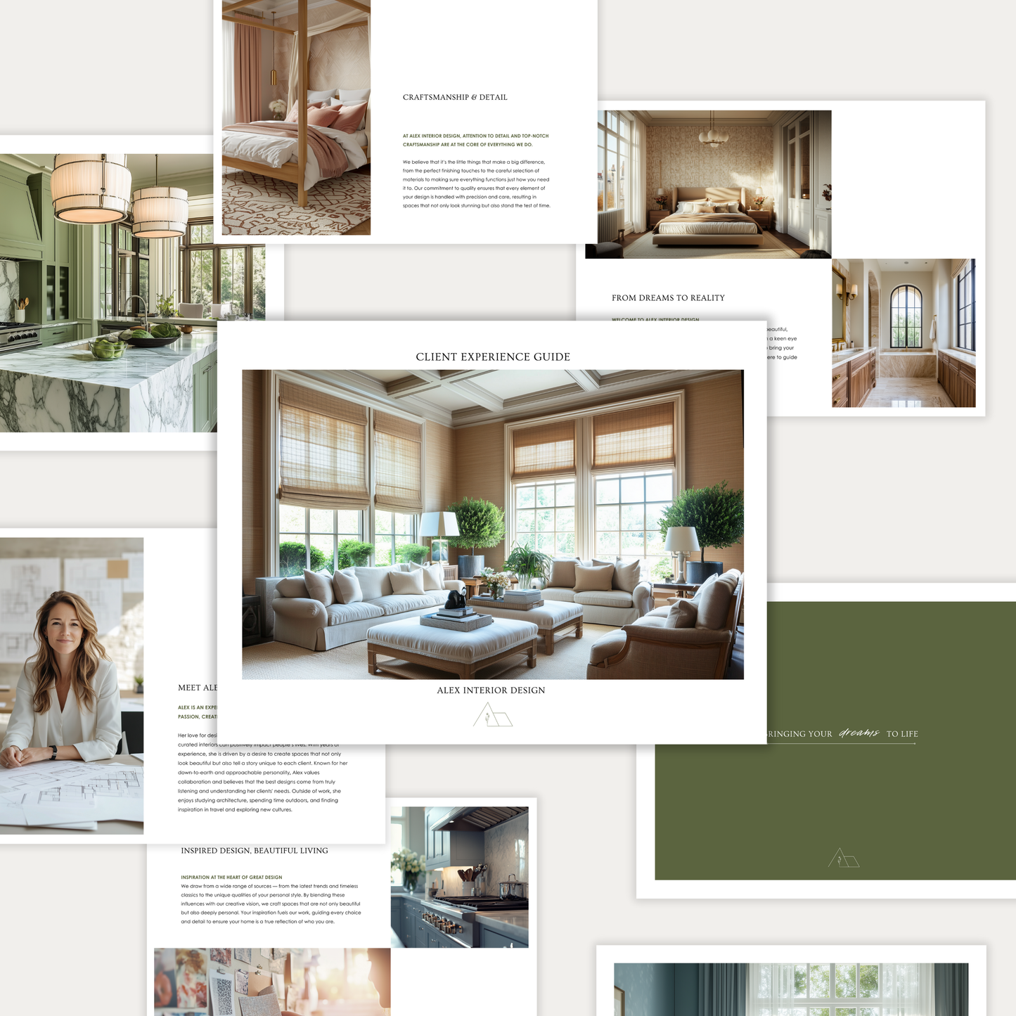 A collage of professionally designed pages from an interior design template showcasing a brand's client experience. Part of the LSI Workshop Alex Collection.