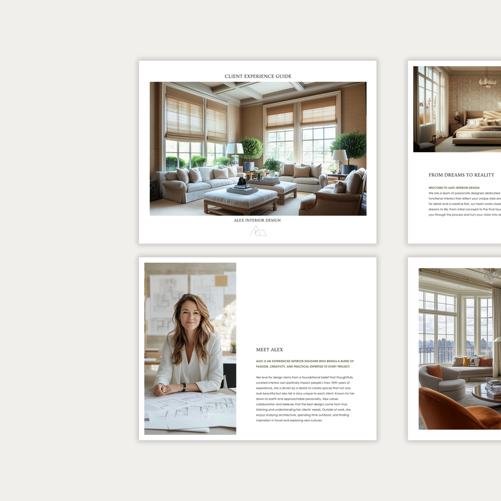 
                  
                    The first of three images showcasing the pages of the interior design Client Experience Guide template. From the LSI Workshop Alex Collection. 
                  
                