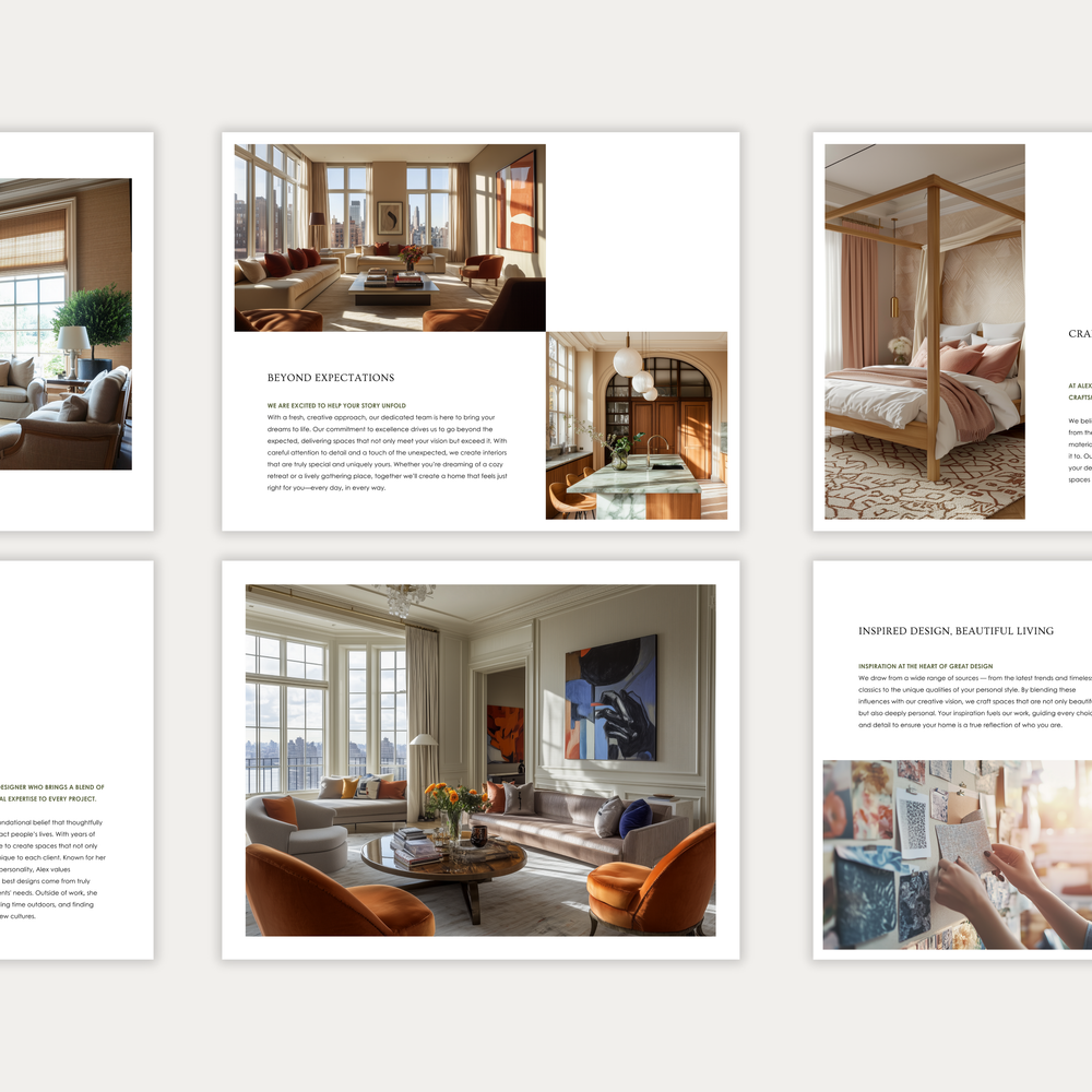 
                  
                    The second of three images showcasing the pages of the interior design Client Experience Guide template. From the LSI Workshop Alex Collection. 
                  
                