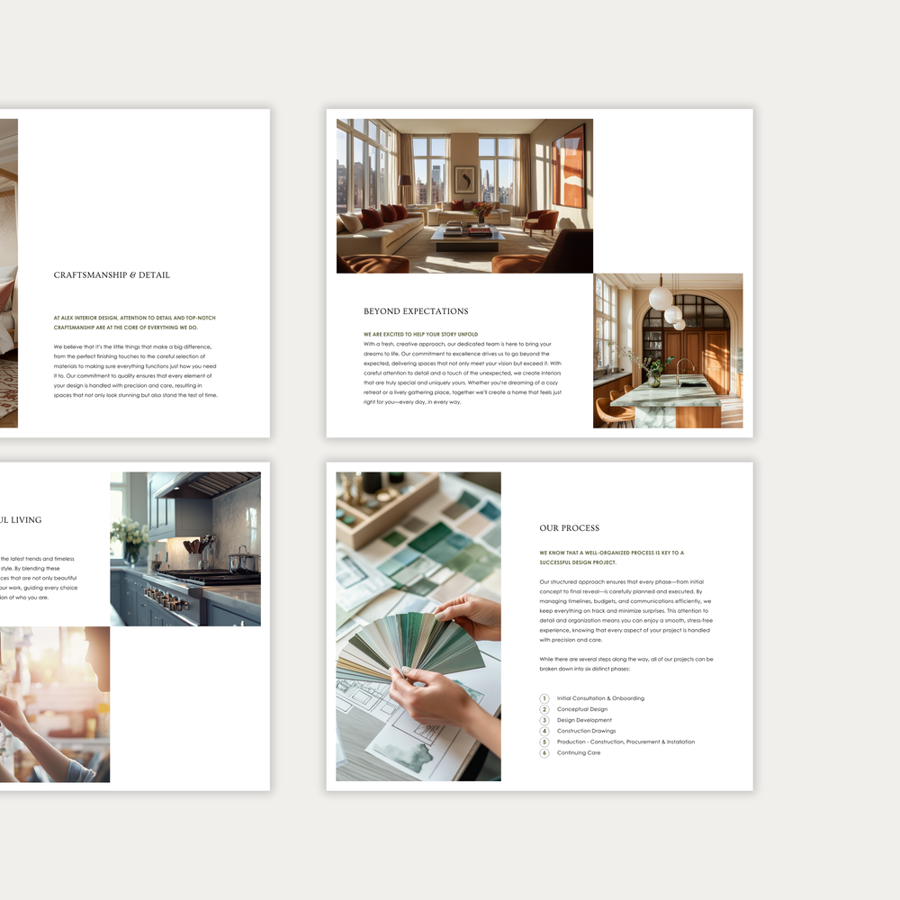 
                  
                    The third of three images showcasing the pages of the interior design Client Experience Guide template. From the LSI Workshop Alex Collection. 
                  
                