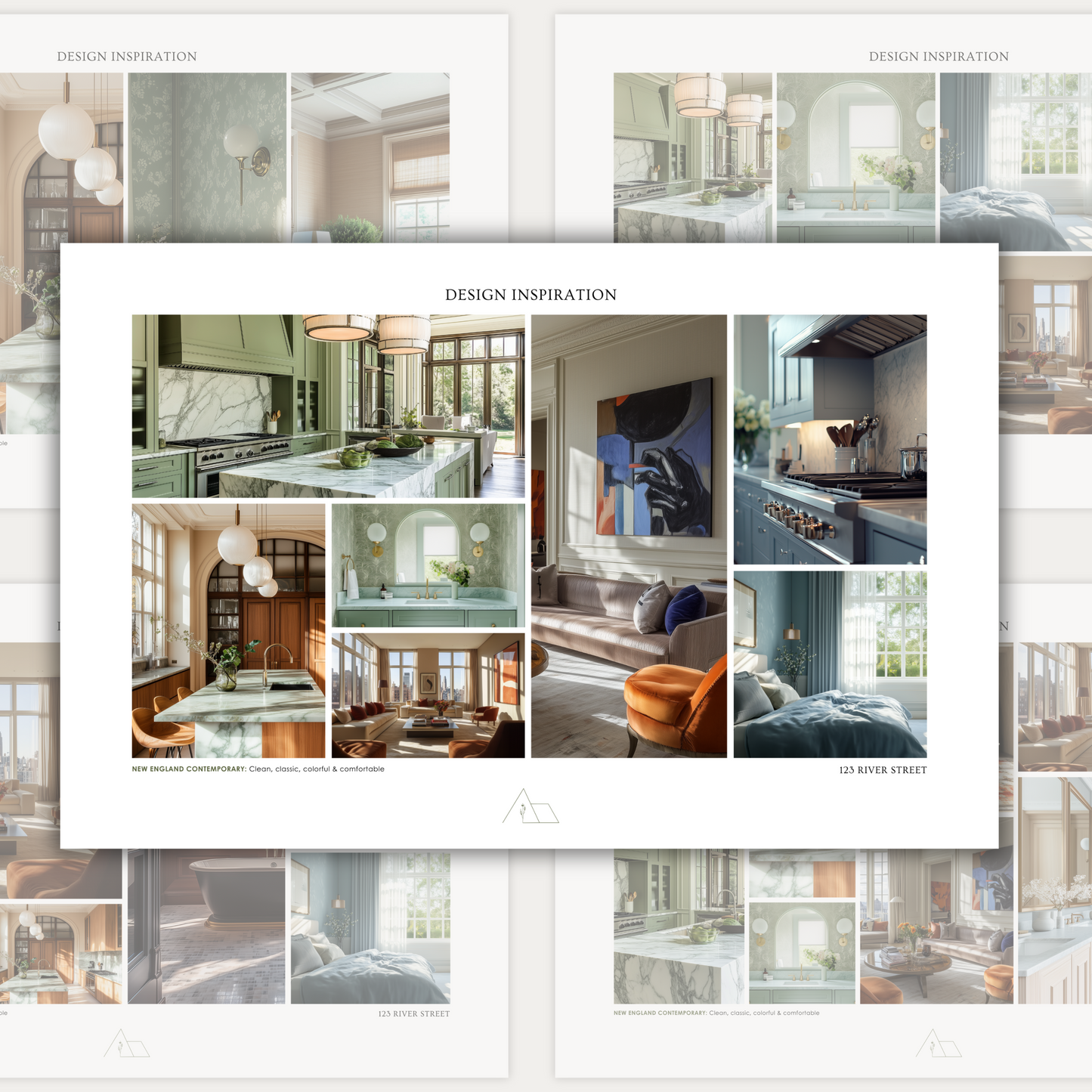 A page from an interior design template showing inspiration images of various rooms.  From the LSI Workshop Alex collection.