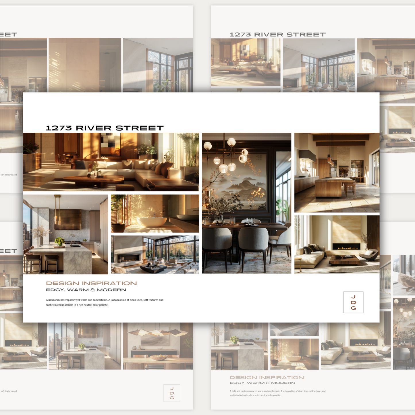 A page from an interior design template showing inspiration images of various rooms.  From the LSI Workshop Jackson collection.