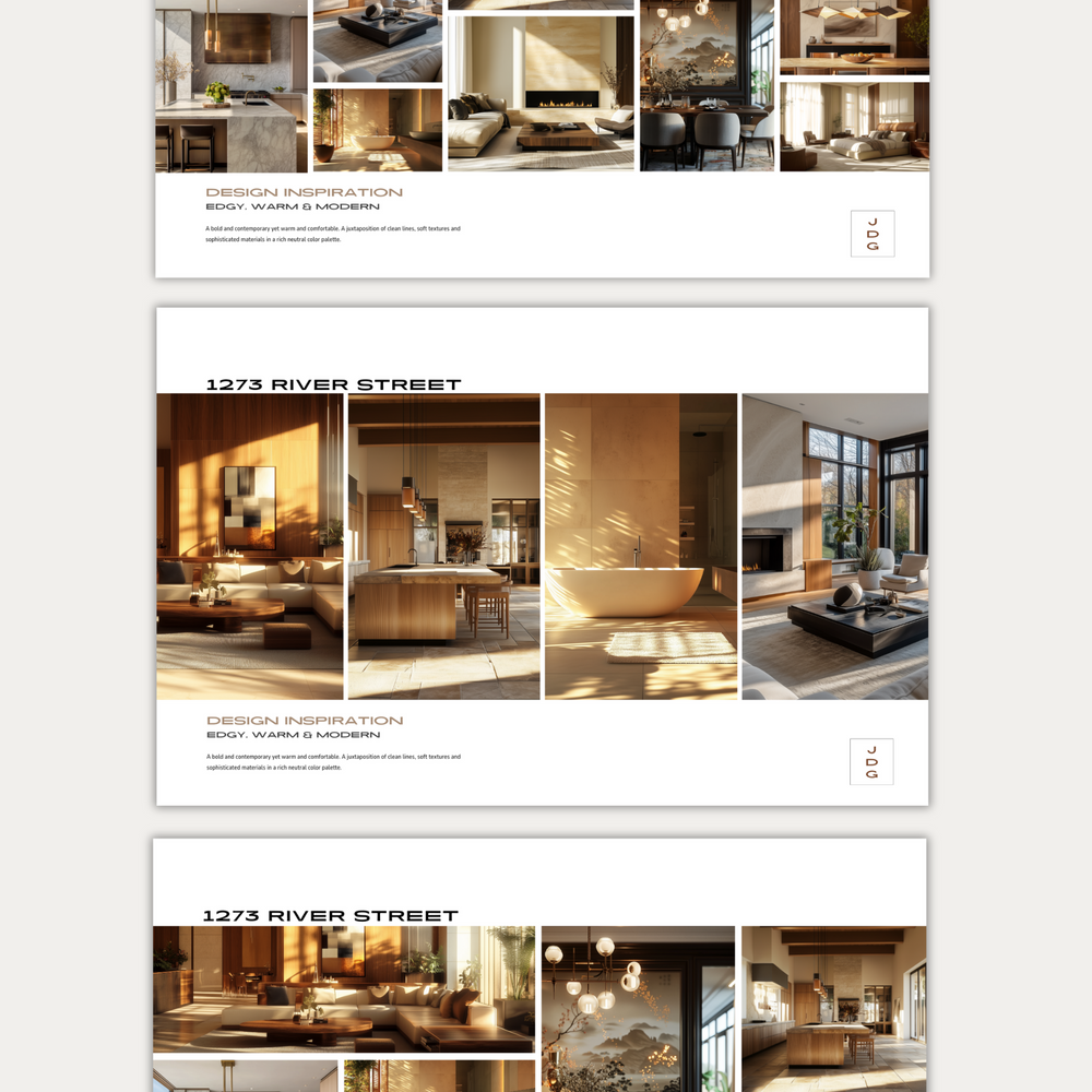 
                  
                    Three pages from an interior design template showing inspiration images of living rooms, kitchens and bathrooms.  From the LSI Workshop Jackson collection.
                  
                
