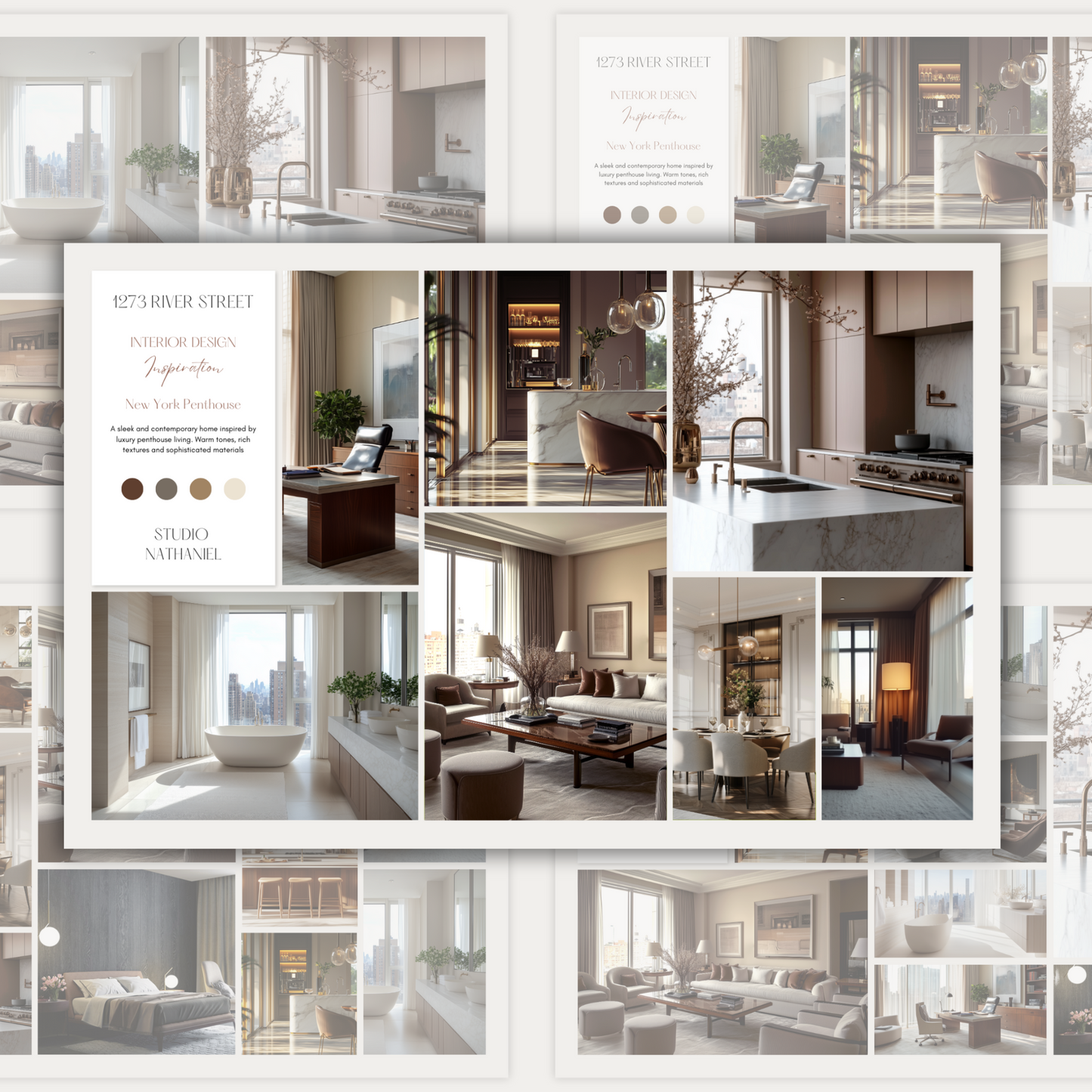 A page from an interior design template showing inspiration images of living rooms, kitchens and bathrooms.  Part of the LSI Workshop Nathaniel collection.