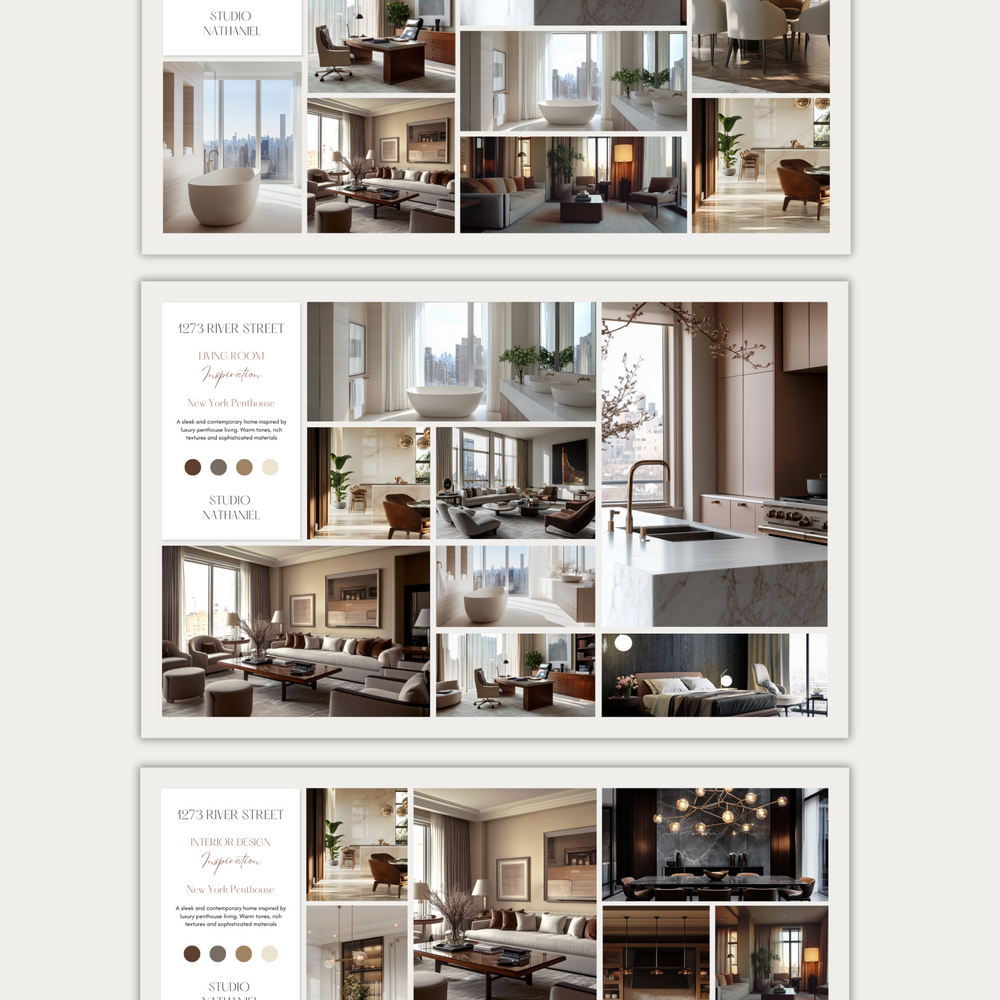 
                  
                    Three pages from an interior design template showing inspiration images of living rooms, kitchens and bathrooms.  From the LSI Workshop Nathaniel collection.
                  
                
