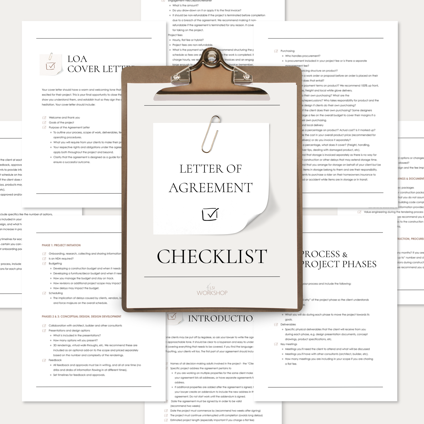 Pages from the LSI Workshop interior design Letter of Agreement Checklist.