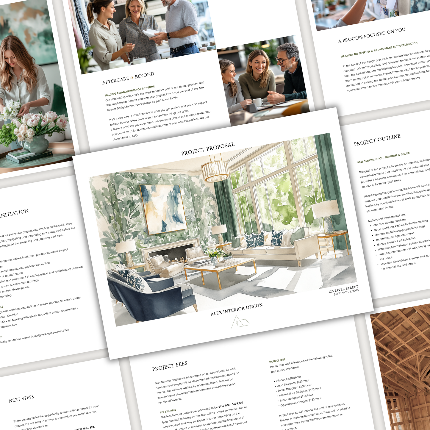 A collage of pages showcasing the LSI Workshop interior design Project Proposal Template from the Alex Collection.