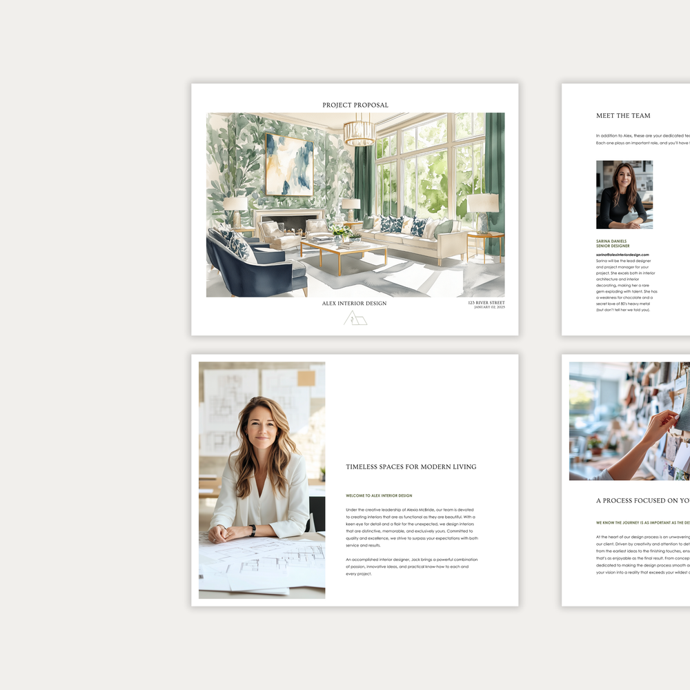 
                  
                    The first of three images showing the content and layout of the LSI Workshop interior design Project Proposal template. From the Alex Collection. 
                  
                