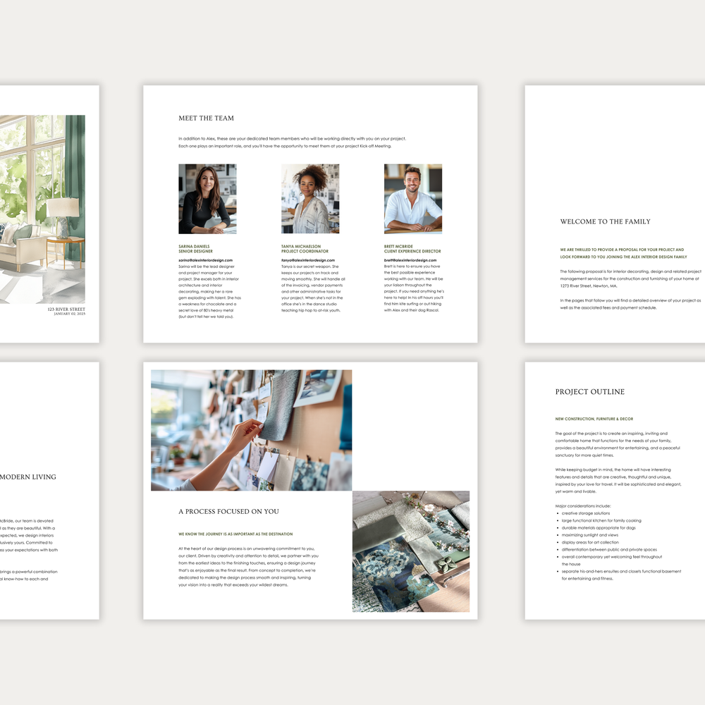 
                  
                    The second of three images showing the content and layout of the LSI Workshop interior design Project Proposal template. From the Alex Collection. 
                  
                