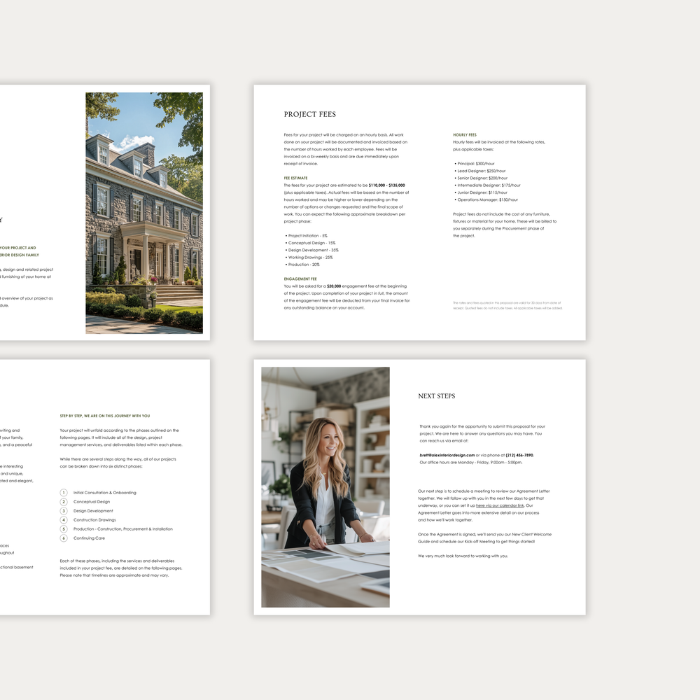 
                  
                    The third of three images showing the content and layout of the LSI Workshop interior design Project Proposal template. From the Alex Collection. 
                  
                