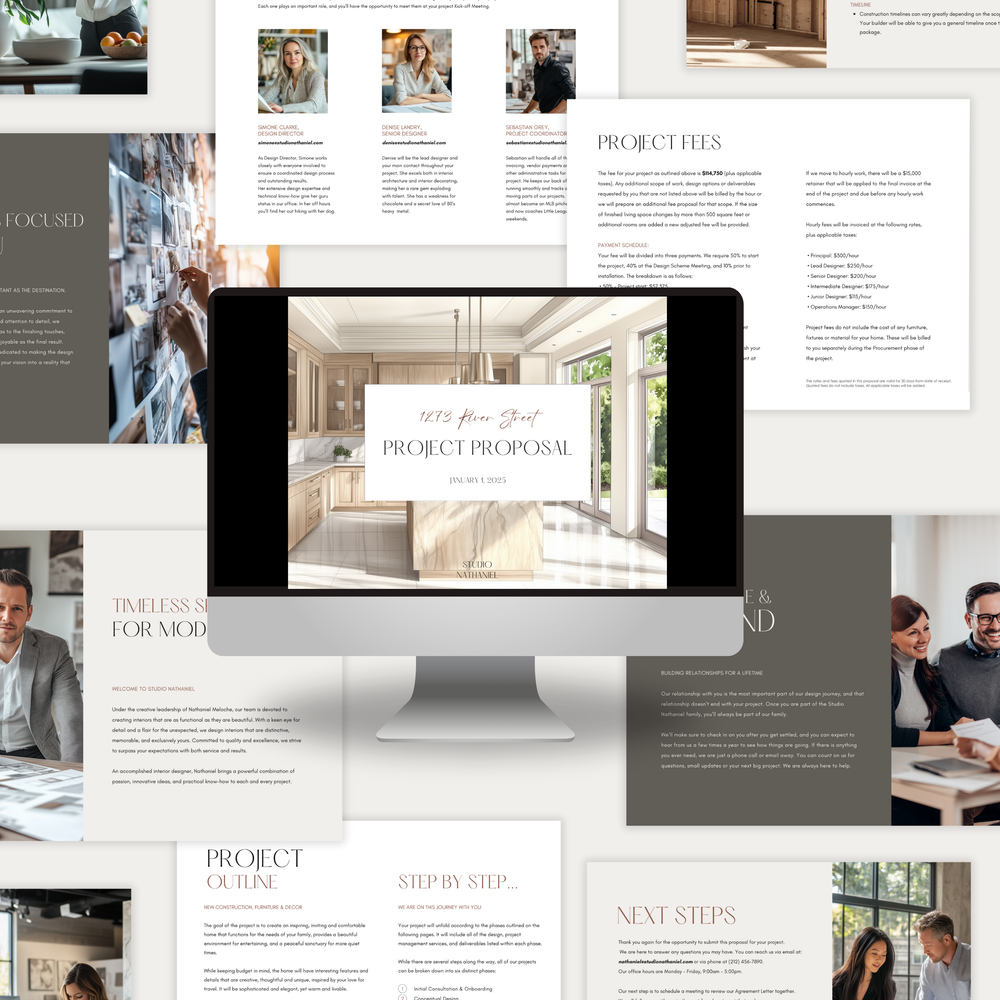 
                  
                    A collection of pages from the LSI Workshop 'Nathaniel Project Proposal' interior design template, showing text blocks, images, and layout design for a professional project proposal.
                  
                