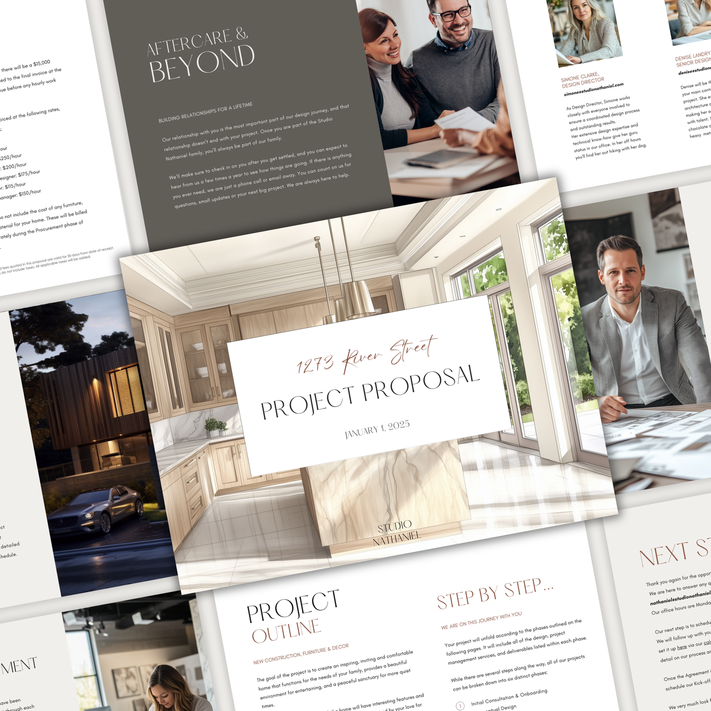 A collage of pages showcasing the LSI Workshop interior design Project Proposal Template from the Nathaniel Collection.