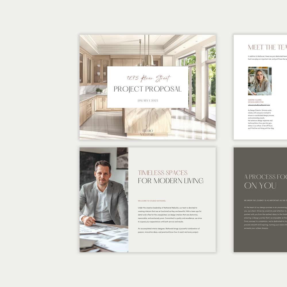 
                  
                    The first of three images showing the content and layout of the LSI Workshop interior design Project Proposal template. From the Nathaniel Collection. 
                  
                