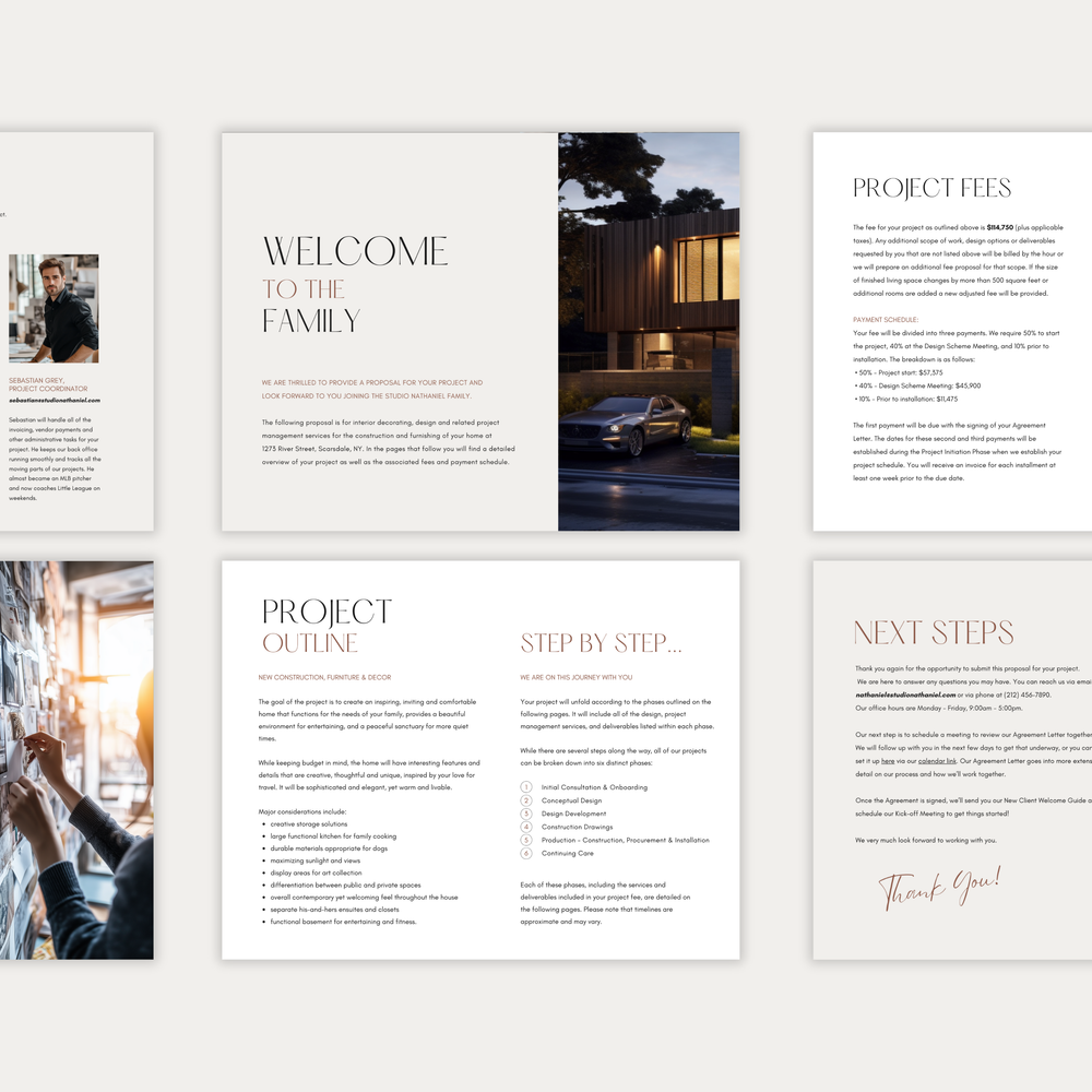 
                  
                    The second of three images showing the content and layout of the LSI Workshop interior design Project Proposal template. From the Nathaniel Collection. 
                  
                
