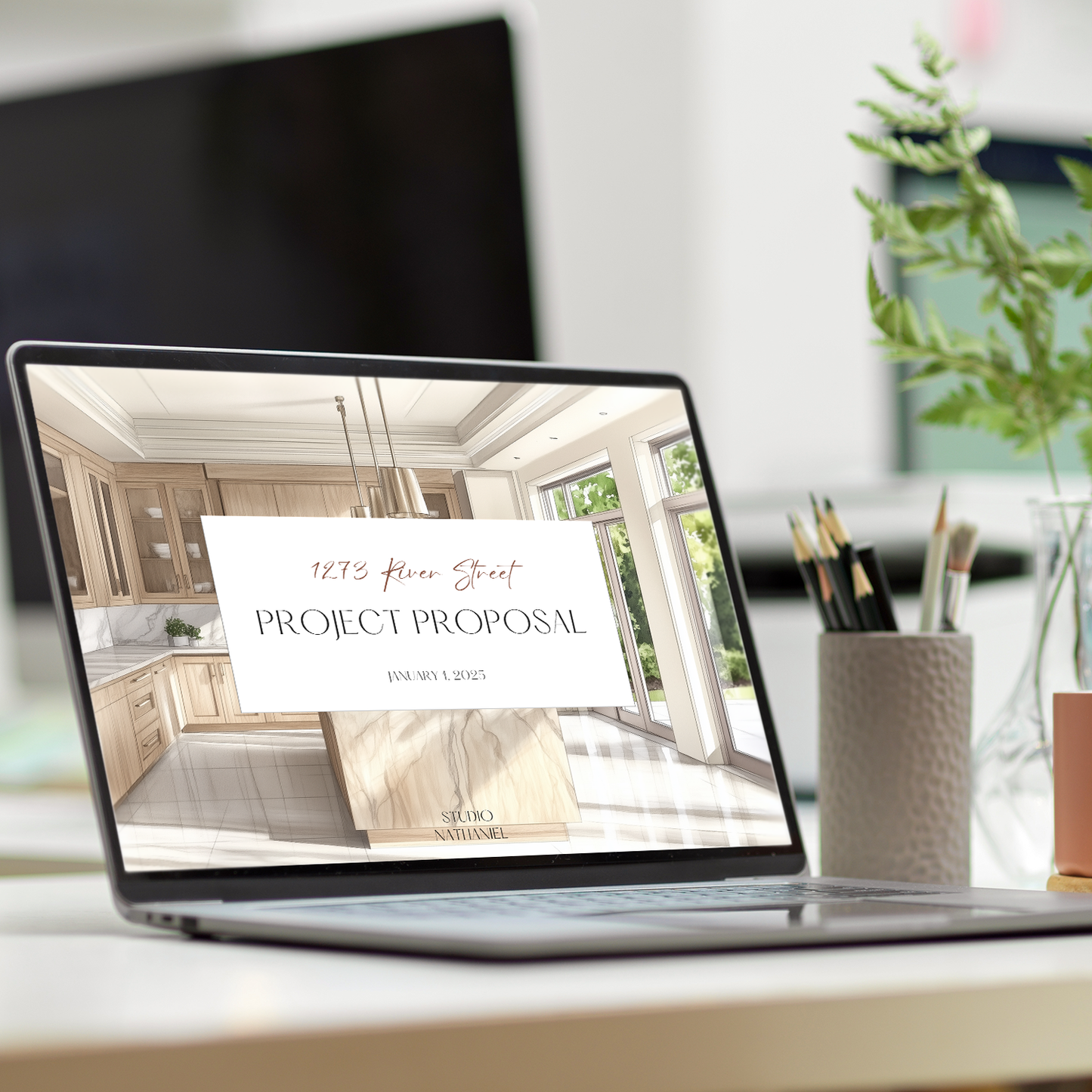 A laptop in an interior design office displaying a customizable Project Proposal template. From the LSI Workshop Nathaniel Collection.