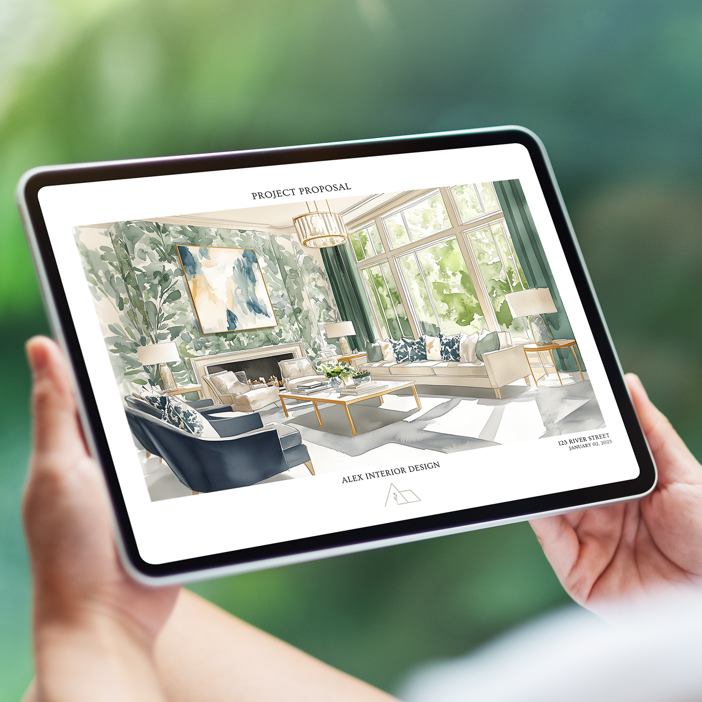 Hands holding a tablet displaying a customizable interior design Project Proposal template. From the LSI Workshop Alex Collection.